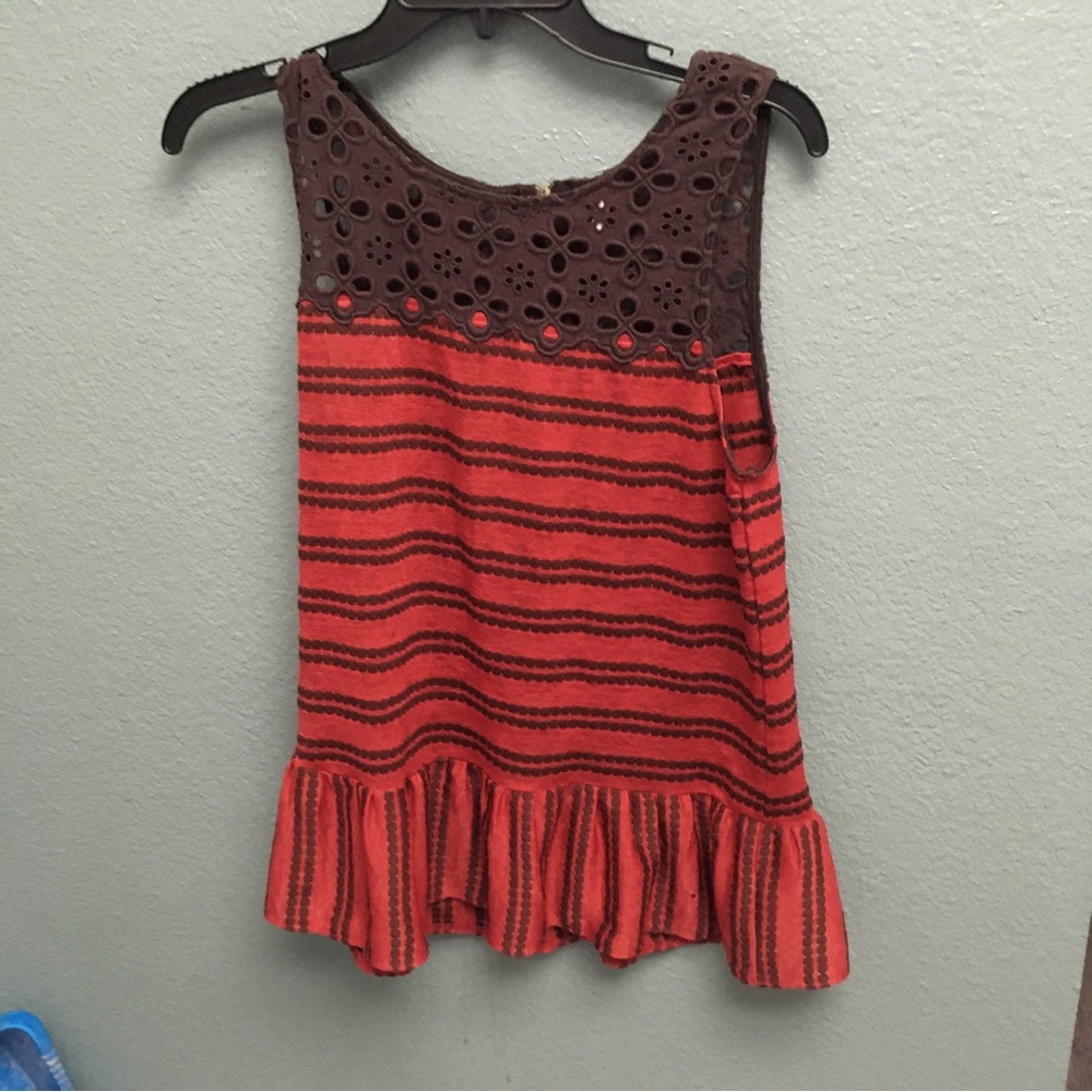Free People Molly Retro Peplum Tank Eyelet Lace Striped Red Brown Size Medium